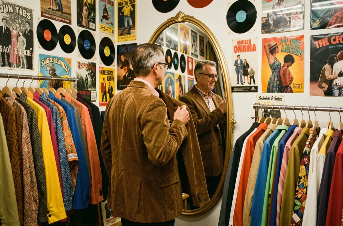 Boutique de vêtements vintage authentiques avec un homme essayant une veste en daim marron devant un miroir ovale, décoration murale avec affiches rétro et pochettes de vinyles