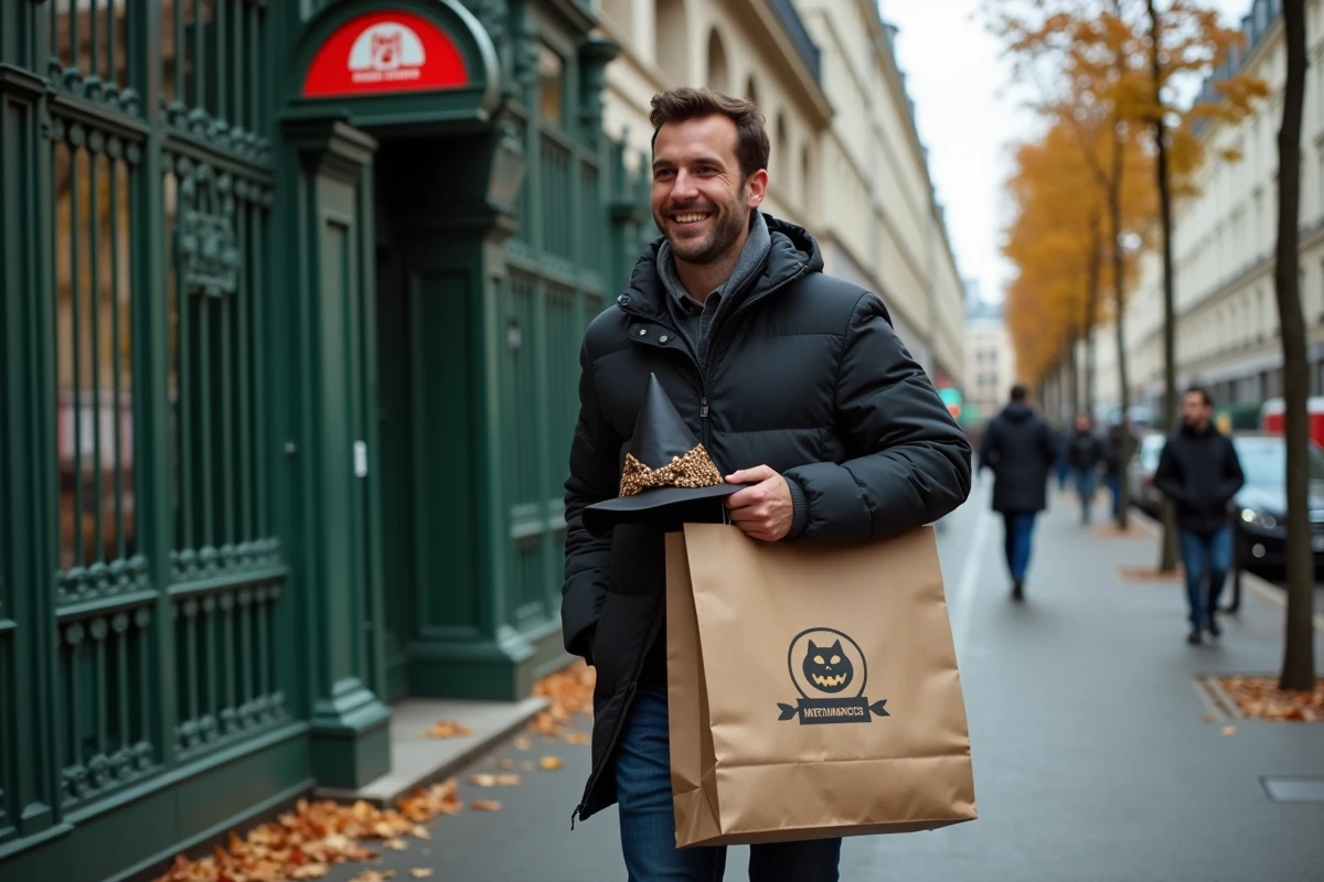 Homme portant un sac d'achat de déguisement Halloween près d'une entrée de métro parisien