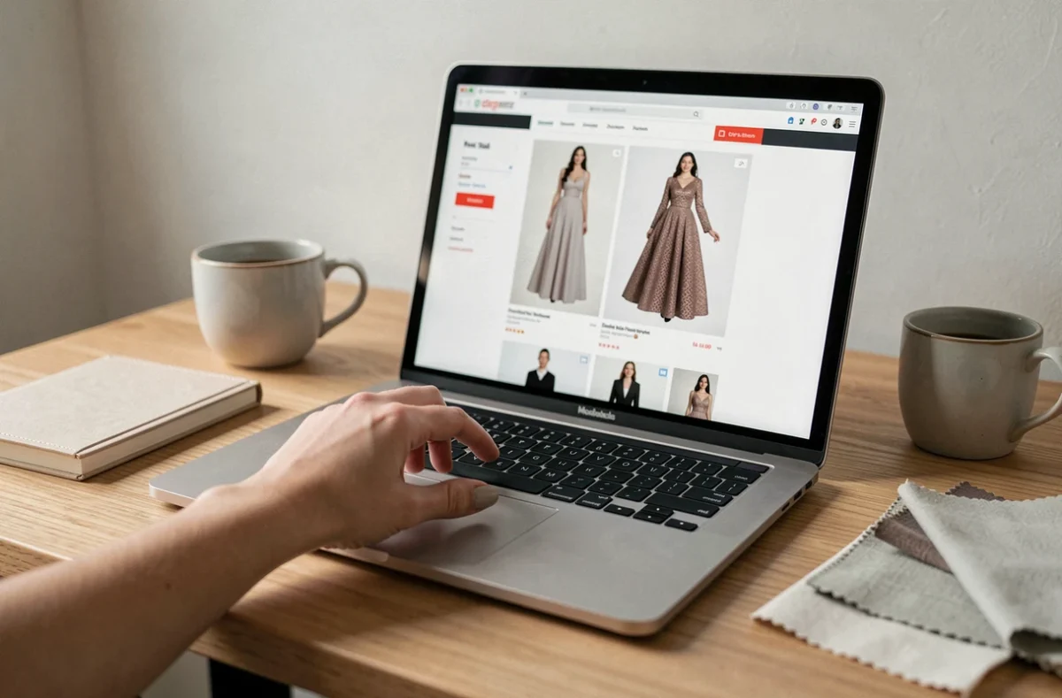 Achat en ligne d'une robe Johanna Paris sur un site e-commerce depuis un bureau à domicile
