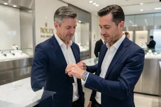 Homme en blazer marine examinant une montre Rolex dans une boutique officielle à Paris, reflets sur les vitrines en verre