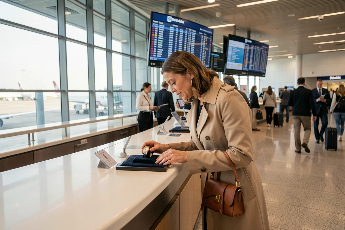 Femme en trench coat beige inspectant une montre Rolex au comptoir duty-free d'un aéroport international