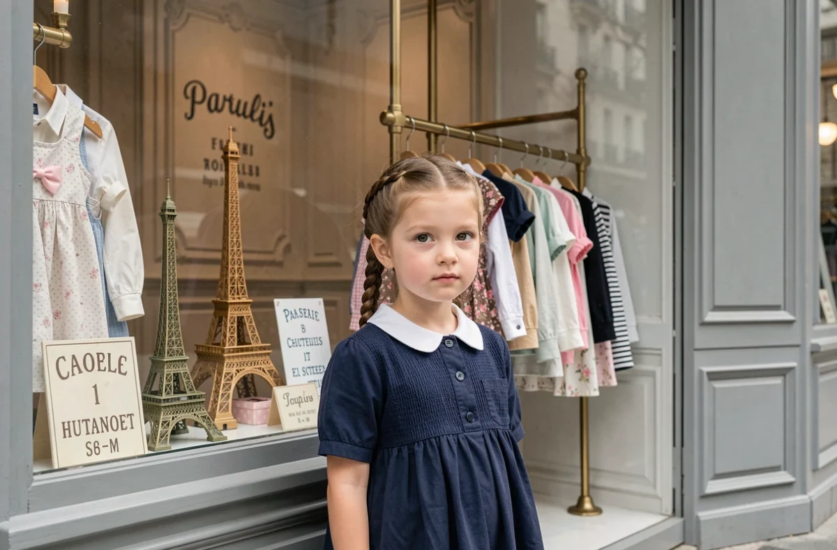 Fillette en tenue classique française devant la vitrine soignée de la boutique Alice à Paris