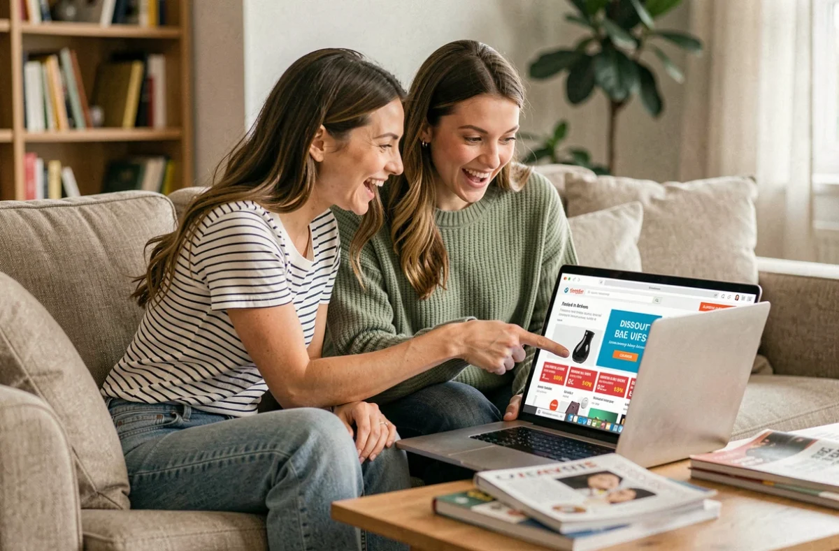 Deux amies comparant des bons de réduction sur un site de shopping depuis leur salon