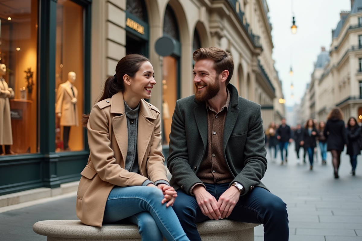 Deux amis rient sur un banc dans une rue parisienne