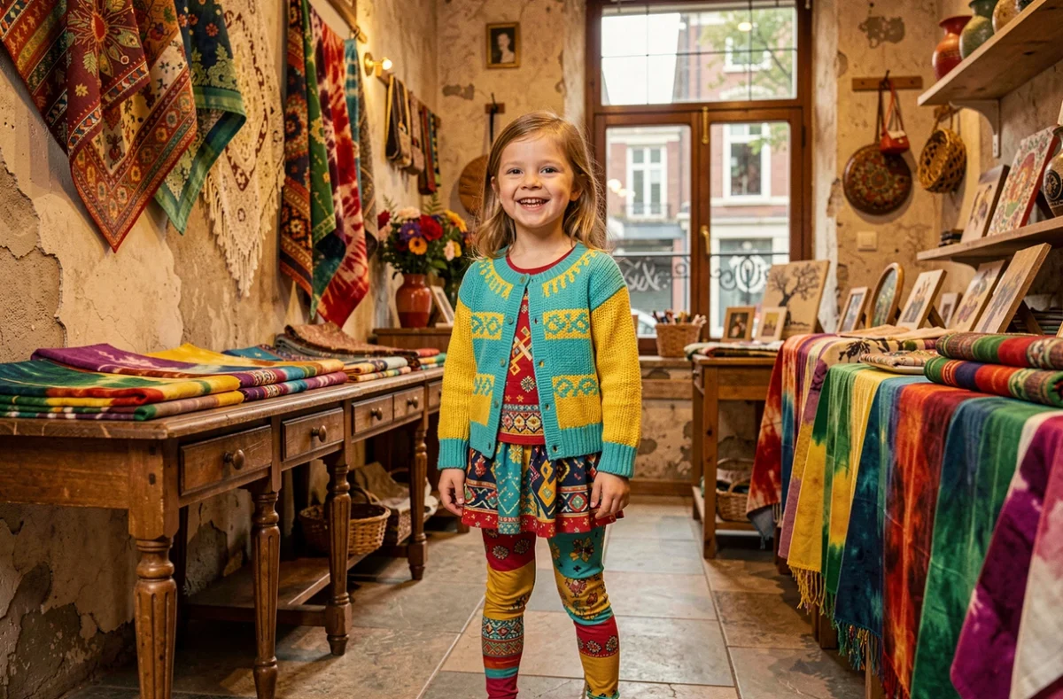 Fillette en tenue bohème colorée dans l'ambiance créative et artisanale de la boutique Antoine et Lili