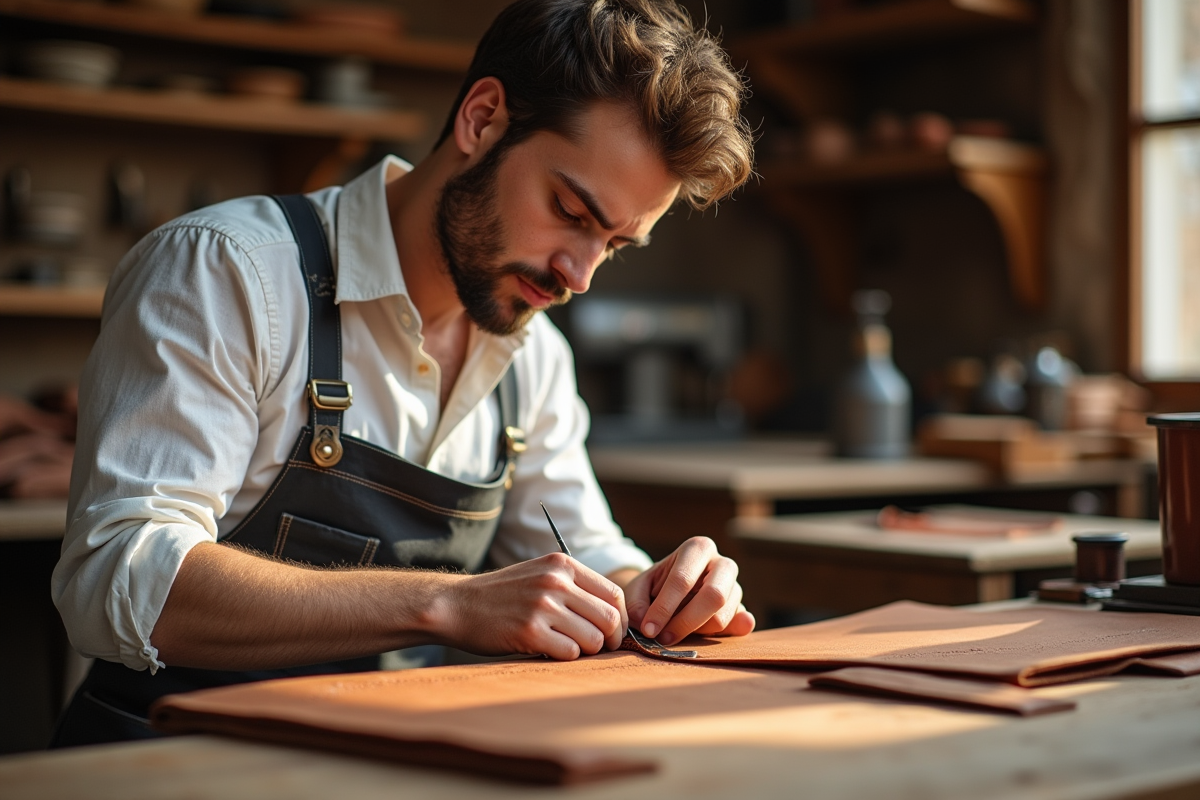 Jeune artisan cousant du cuir dans un atelier lumineux
