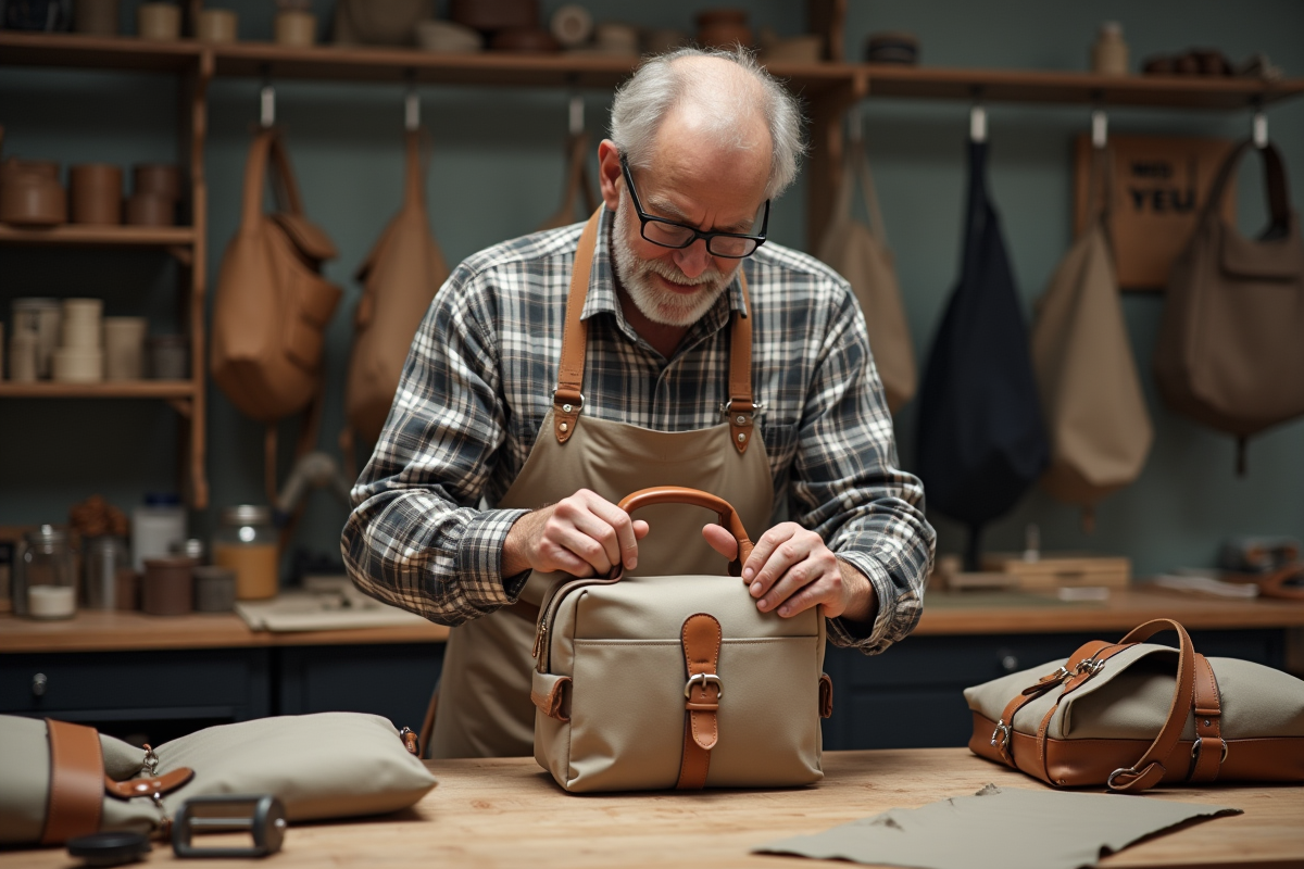 Artisan assemblant un sac en atelier de fabrication