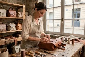 Artisane française cousant à la main un sac en cuir structuré dans un atelier parisien aux murs en pierre