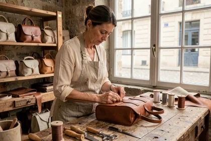 Artisane française cousant à la main un sac en cuir structuré dans un atelier parisien aux murs en pierre