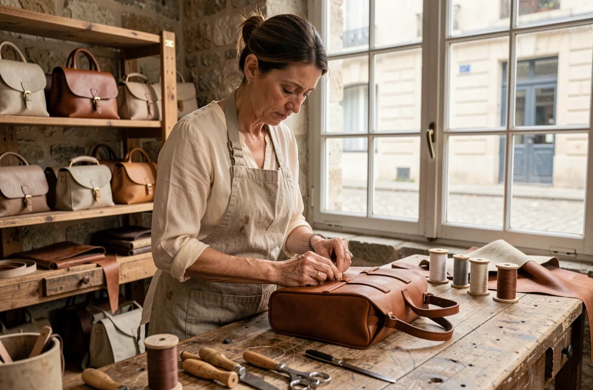 Artisane française cousant à la main un sac en cuir structuré dans un atelier parisien aux murs en pierre