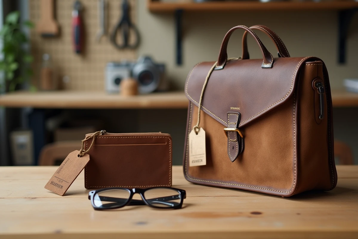 Table d'atelier artisanal comparant un portefeuille en cuir véritable et un sac en daim tissu végane avec étiquettes de prix