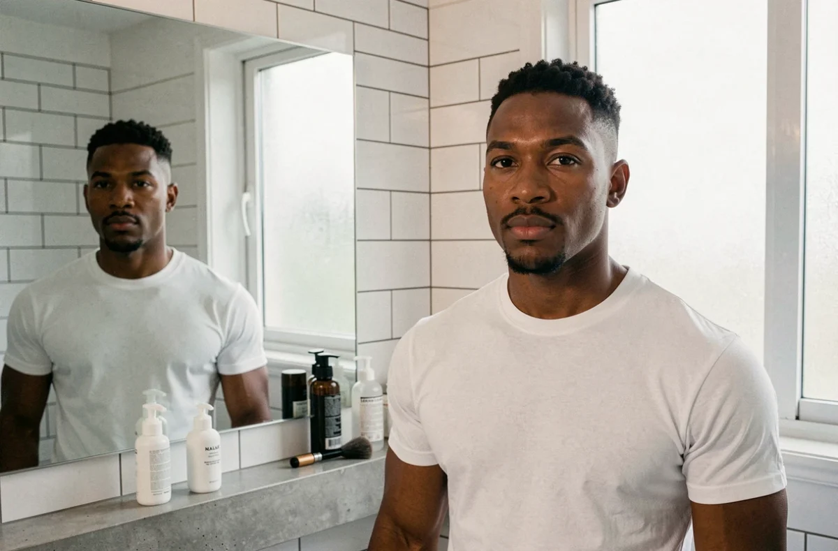 Homme aux cheveux afro avec un dégradé taper bas bien défini, comparaison avant-après dans un miroir de salle de bain moderne