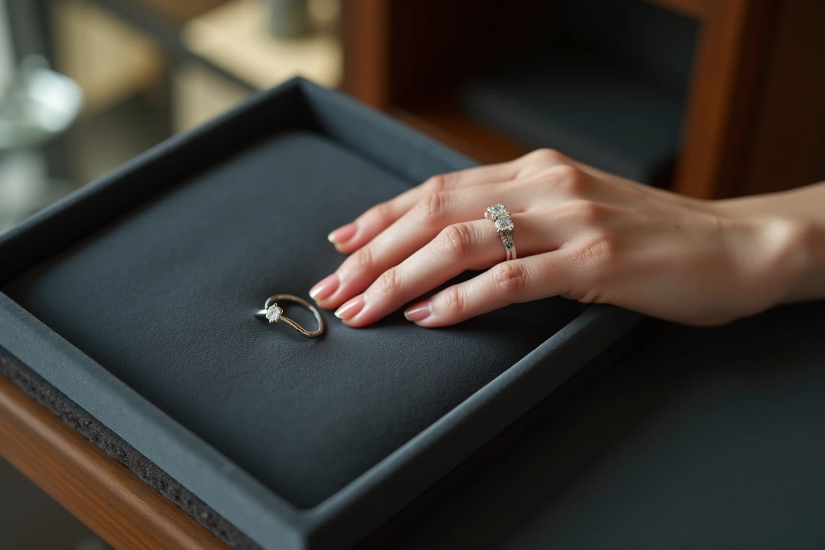 Bague de fiançailles en or blanc avec diamant coussin posée sur un plateau de velours gris dans une bijouterie