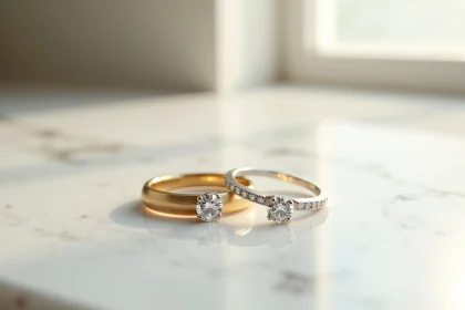 Comparaison d'une bague de fiançailles en or jaune et en or blanc posées côte à côte sur marbre blanc