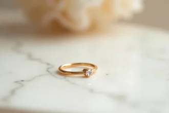 Bague de fiançailles en plaqué or posée sur une surface en marbre blanc, avec pierre transparente et finition dorée élégante