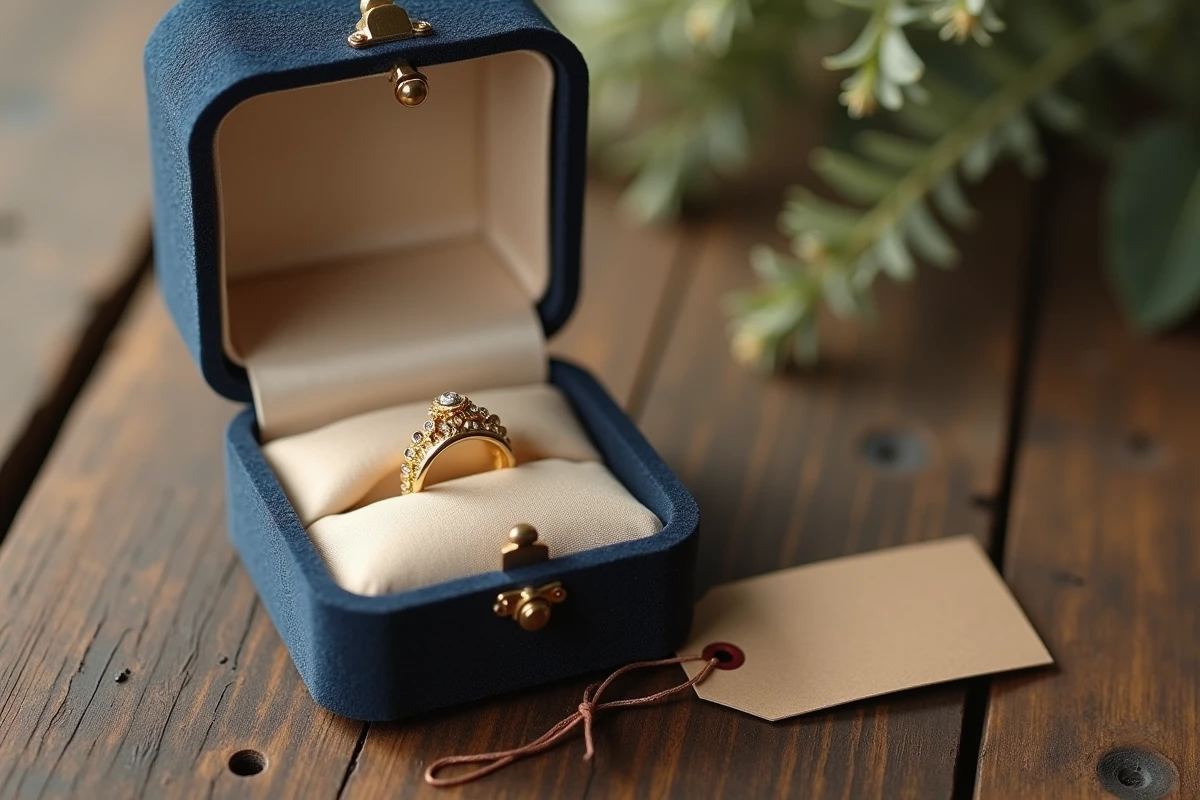Bague en plaqué or dans un écrin en velours crème posé sur une table en bois rustique, présentation cadeau élégante