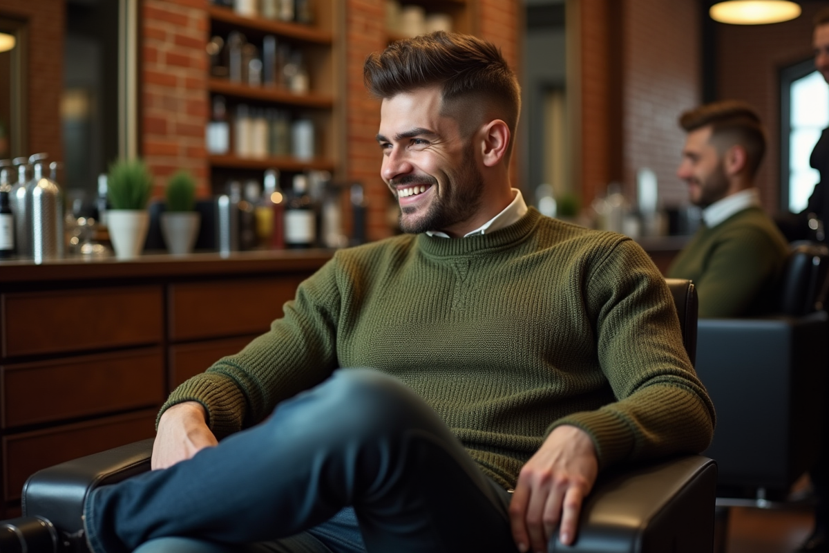Jeune homme admire sa coupe dans un barbershop