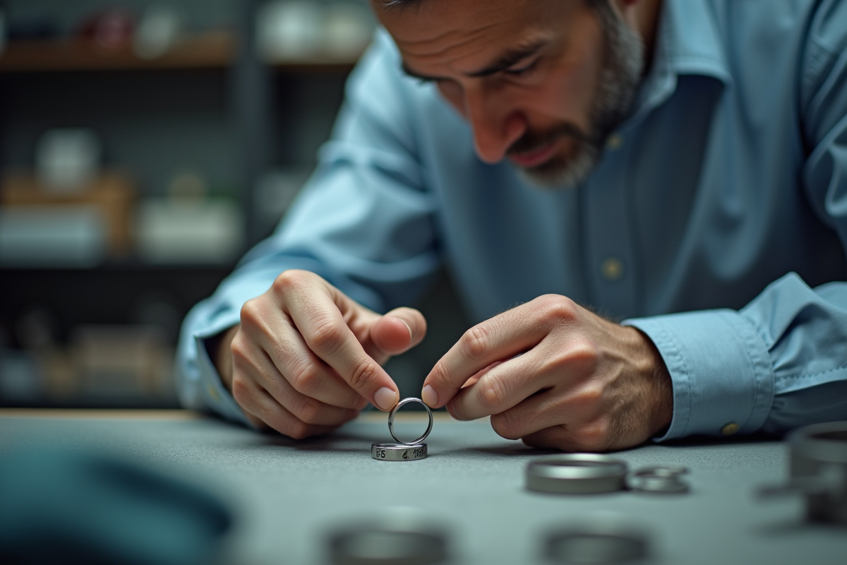 Bijoutier mesurant une bague en argent avec un caliper