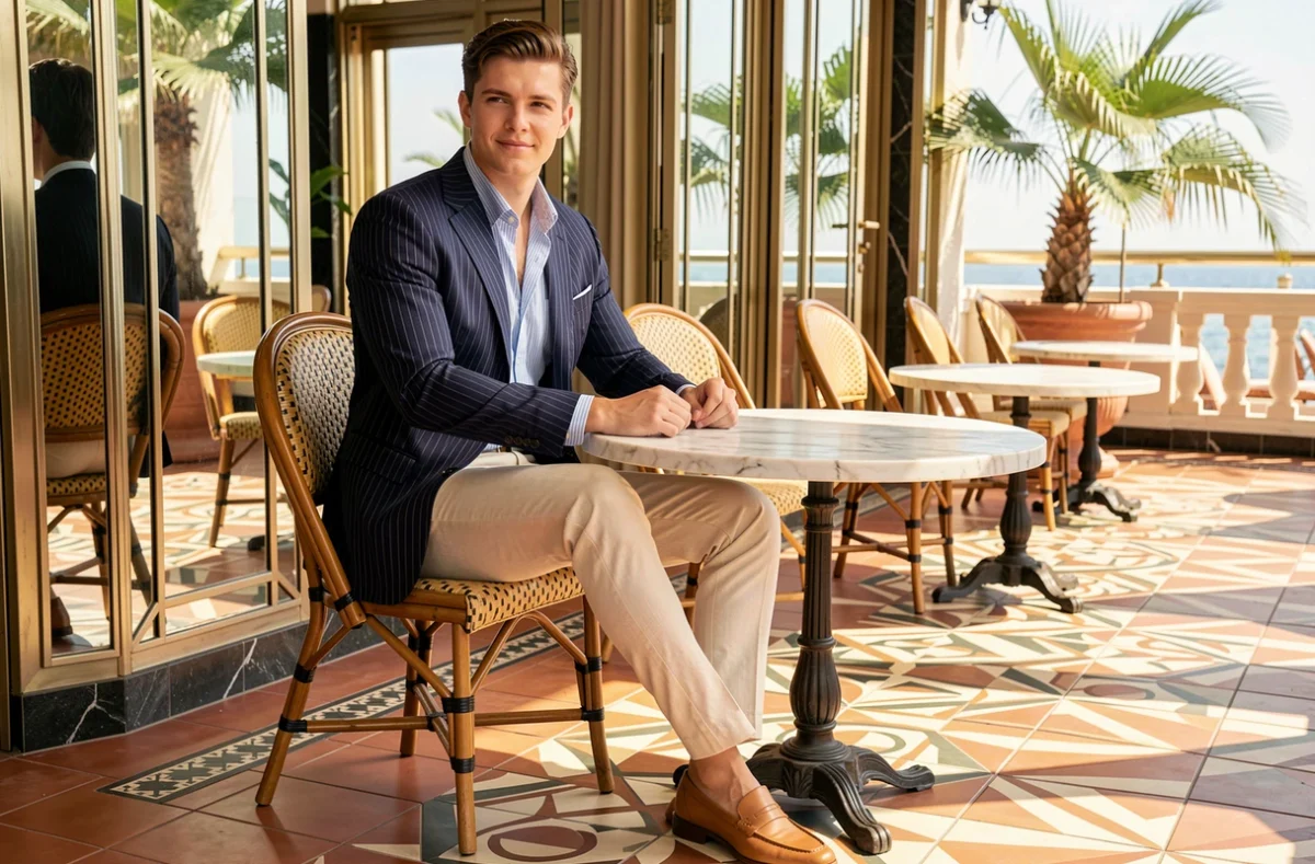 Homme en blazer rayé marine style années 30 attablé dans un café Art Déco élégant, tenue casual chic homme vintage