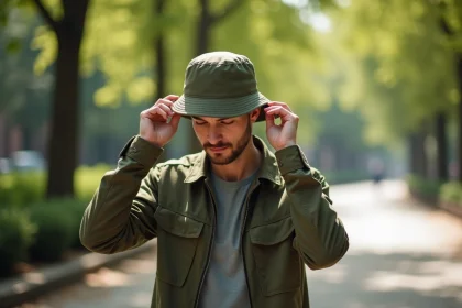 Homme portant un bob en coton vert olive de qualité dans un parc urbain, illustrant le choix d'une coiffe durable