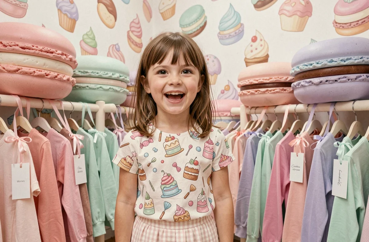 Fillette souriante en chemisier imprimé pâtisserie dans l'univers gourmand et fantaisiste de la boutique Bogato à Paris