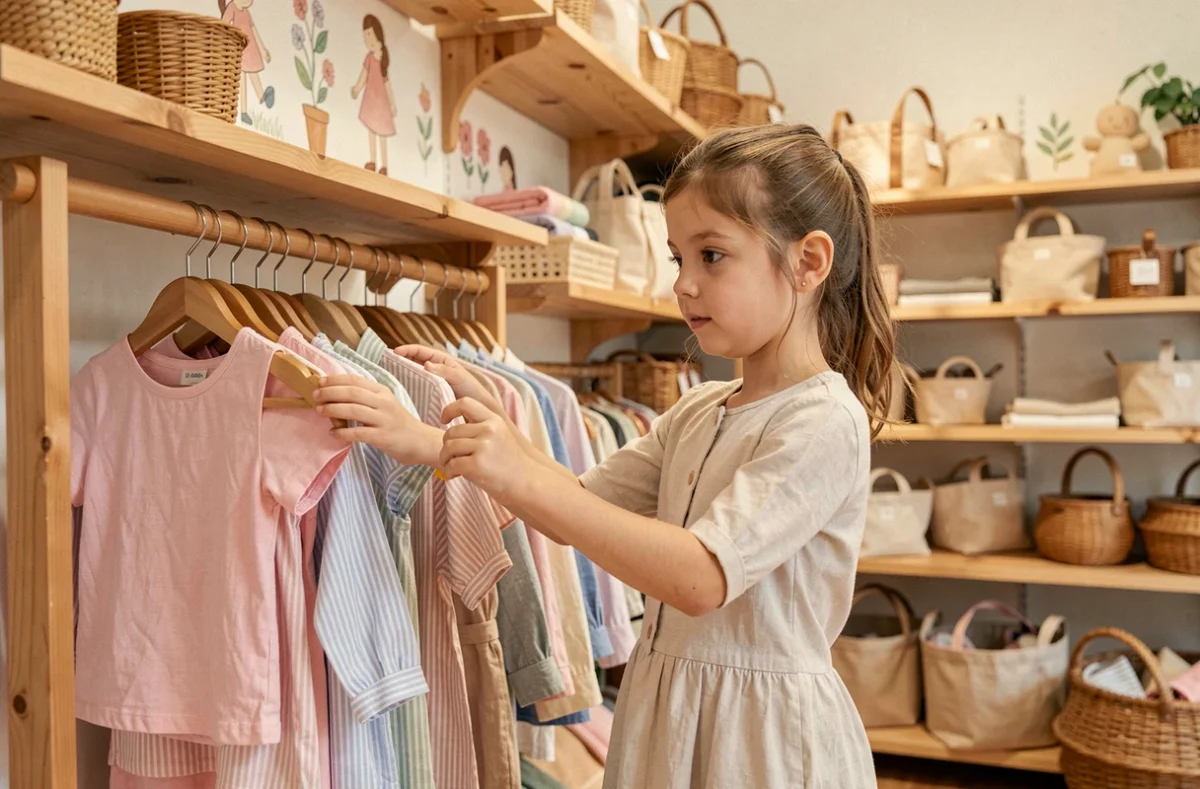 Jeune fille explorant les vêtements en lin pastel dans la boutique Bonton à Paris
