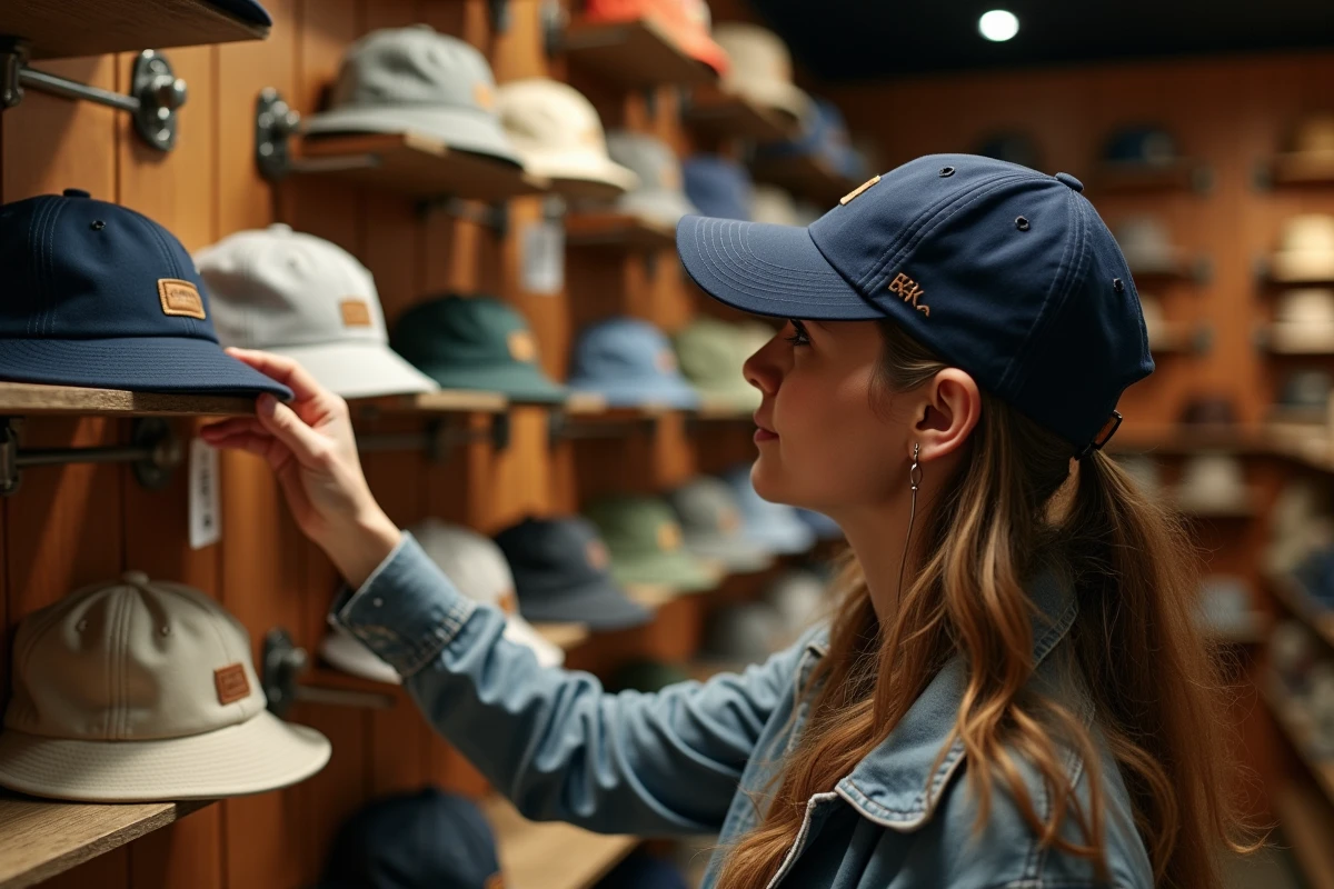 Femme choisissant une casquette de qualité dans une boutique spécialisée, avec une sélection de bobs et casquettes durables en rayon