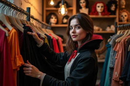 Jeune femme choisissant un costume d'Halloween dans une boutique de déguisements parisienne aux murs en pierre