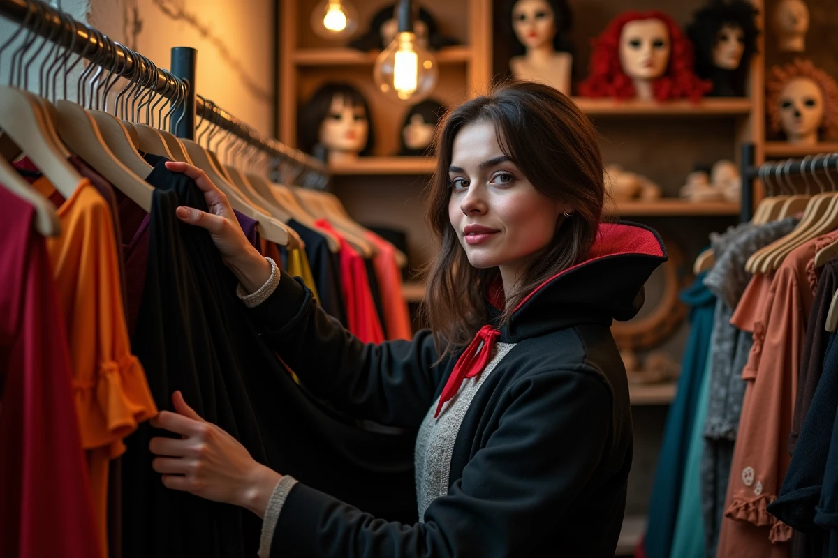 Jeune femme choisissant un costume d'Halloween dans une boutique de déguisements parisienne aux murs en pierre