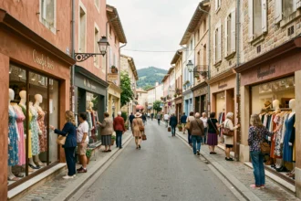 Rue commerçante animée de la Drôme avec des boutiques de prêt-à-porter féminin et des clientes faisant du shopping