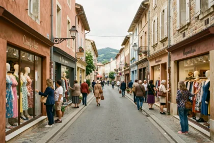 Rue commerçante animée de la Drôme avec des boutiques de prêt-à-porter féminin et des clientes faisant du shopping