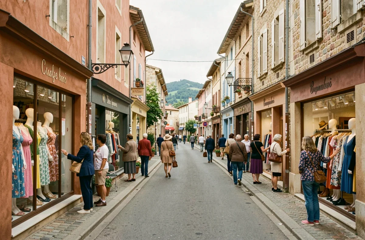 Rue commerçante animée de la Drôme avec des boutiques de prêt-à-porter féminin et des clientes faisant du shopping