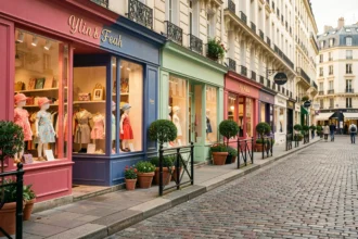 Devantures colorées de boutiques de vêtements pour enfants dans une rue parisienne animée