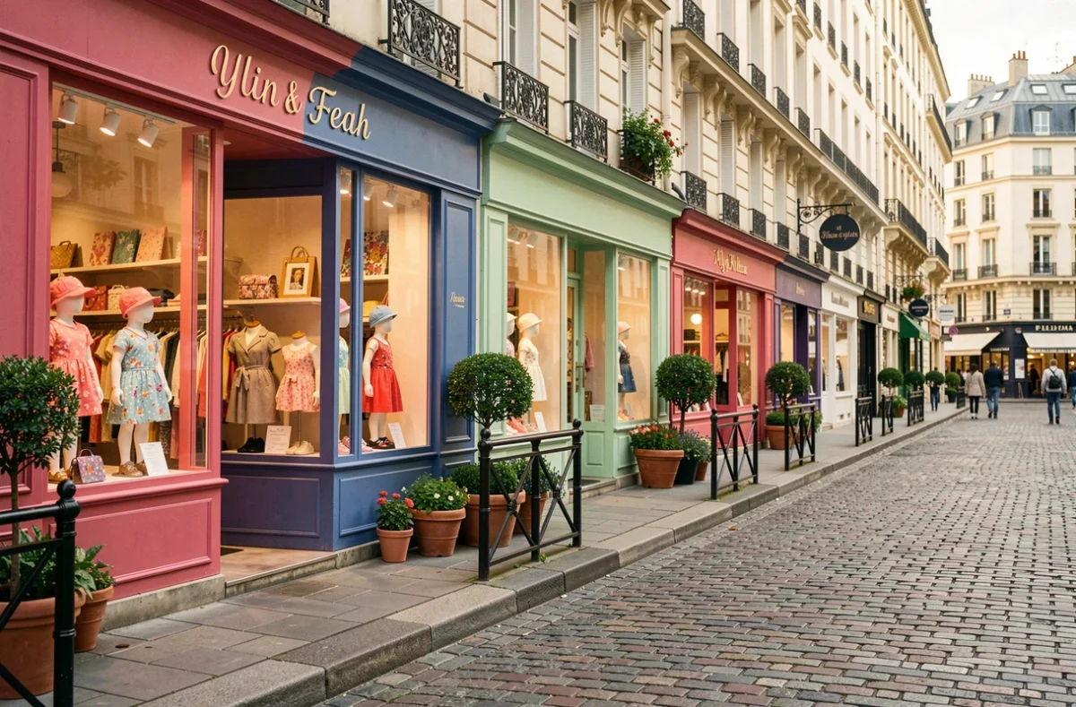 Devantures colorées de boutiques de vêtements pour enfants dans une rue parisienne animée