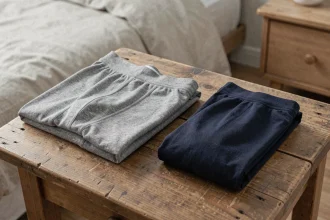 Boxer kangourou gris et caleçon long bleu marine posés côte à côte sur une surface en bois, comparaison des deux modèles de sous-vêtements pour homme
