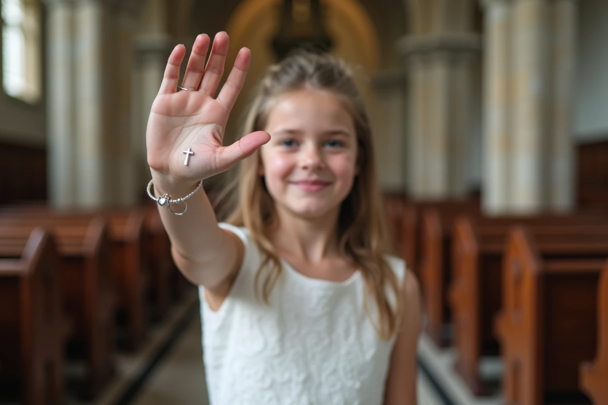 Jeune fille en robe de communion portant un bracelet argent avec croix et cœur