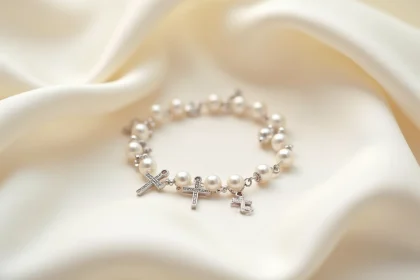 Bracelet de communion pas cher en or blanc avec croix et perles sur tissu ivoire