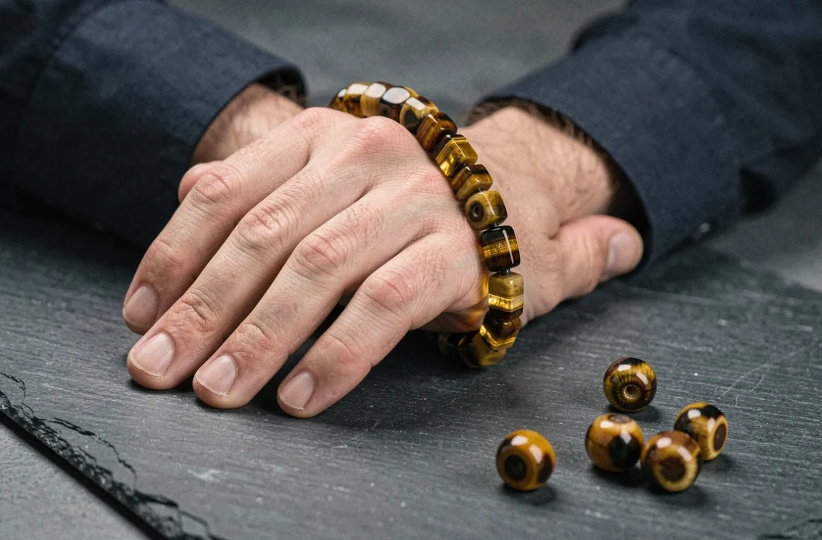 Bracelet homme en œil de tigre sur poignet masculin, gros plan sur les perles dorées aux reflets chatoyants posé sur ardoise sombre