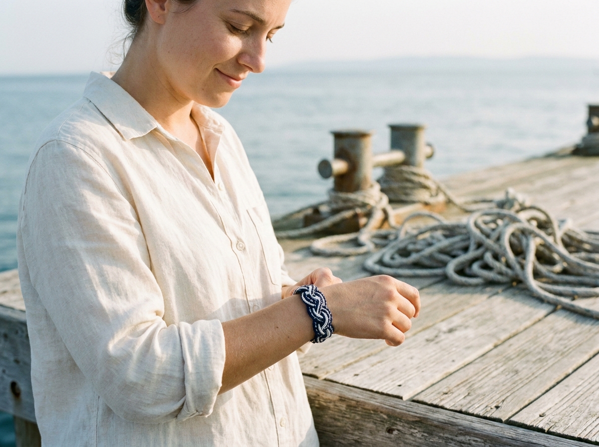 Jeune femme portant un bracelet marin en corde tressée sur un ponton en bois au bord de la mer