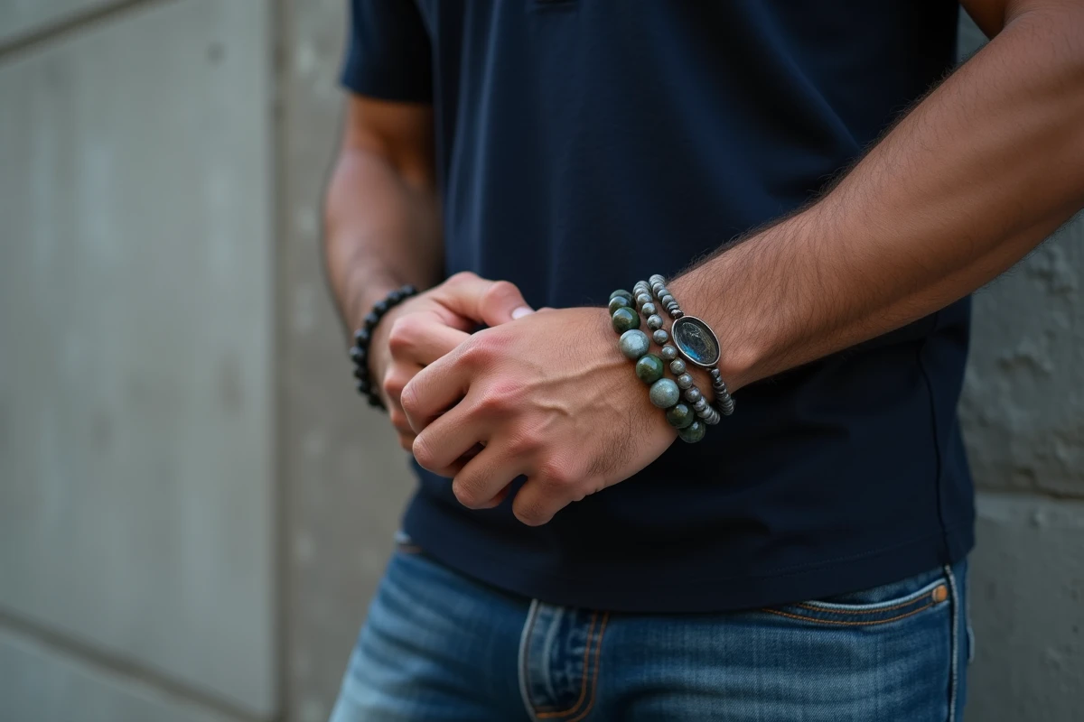 Homme en Henley marine portant des bracelets en labradorite, malachite et quartz fumé associés avec style en milieu urbain