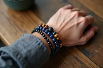 Bracelet pierre pour homme combinant onyx noir, lapis lazuli et œil de tigre superposés sur un poignet masculin posé sur une table en chêne