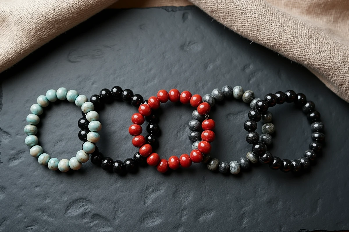 Cinq bracelets en pierres naturelles pour homme posés à plat sur ardoise, incluant amazonite, jaspe rouge, tourmaline noire, howlite et hématite
