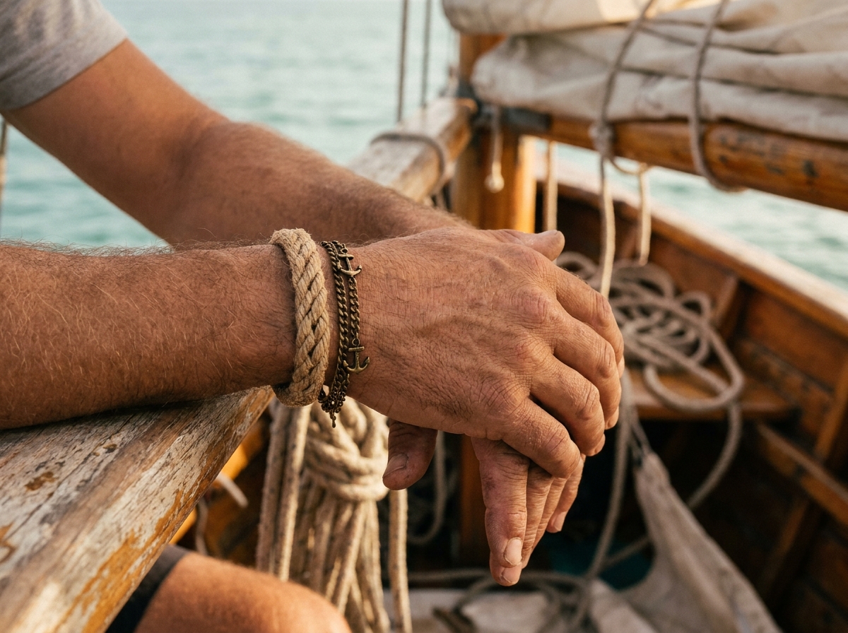 Gros plan sur des bracelets marins en corde et breloques ancre portés par un homme sur un voilier en bois