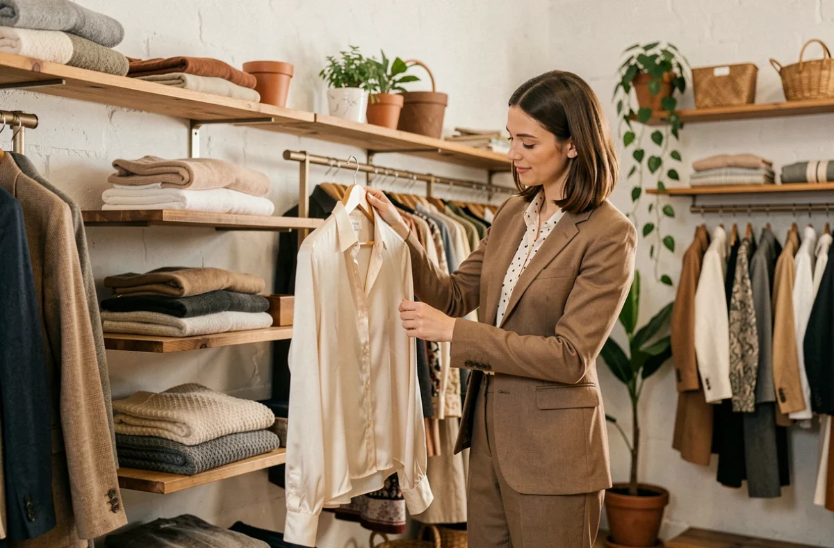 Intérieur soigné d'une boutique vintage chic avec une cliente en blazer tailleur inspectant une blouse en soie sur cintre en bois, étagères épurées et plantes vertes
