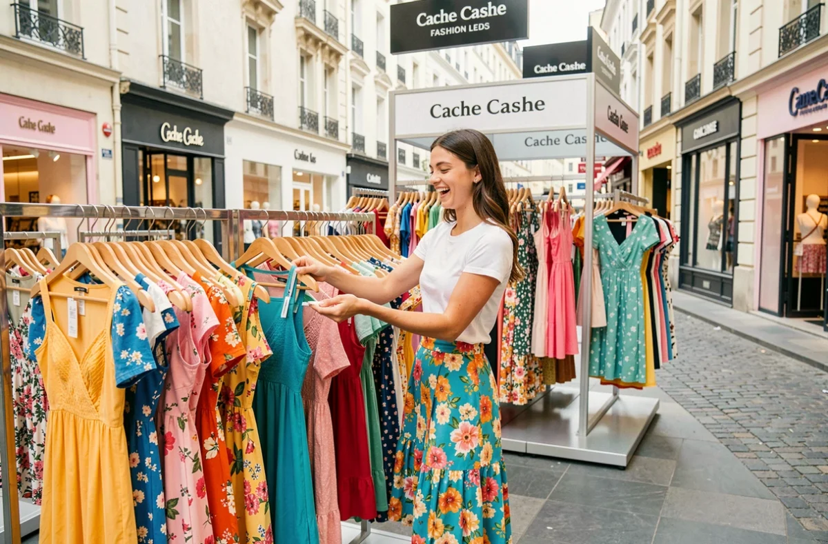 Magasin Cache Cache à Valence avec une jeune femme souriante feuilletant des robes sur un portant coloré