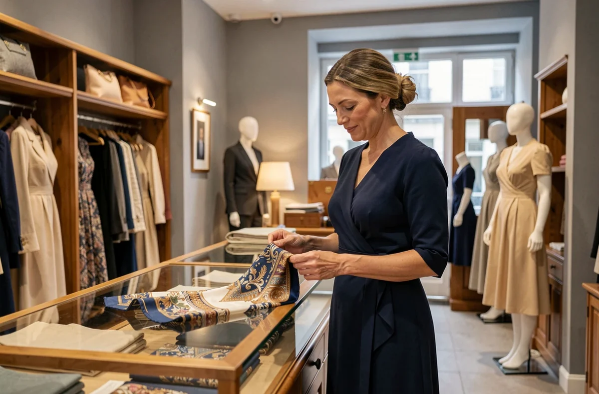 Boutique Caroll à Valence avec une cliente élégante examinant un foulard dans un intérieur raffiné