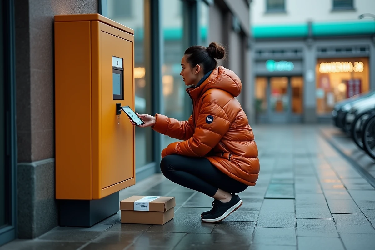 Jeune femme déposant un colis dans un casier Vinted Go devant une supérette en milieu urbain