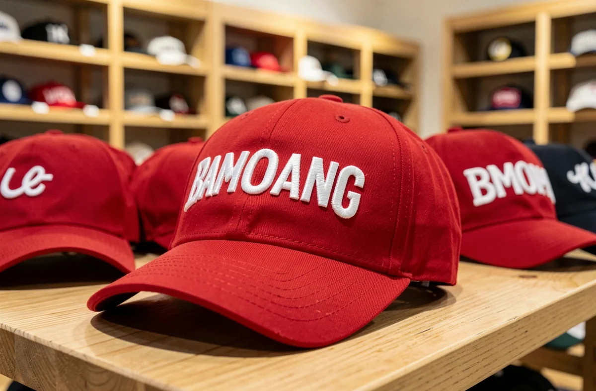Casquette rouge avec broderie blanche exposée sur une étagère de boutique, illustration pour choisir une casquette officielle de qualité