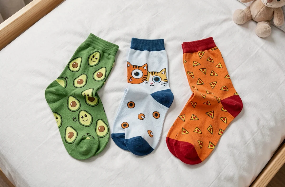 Trois paires de chaussettes rigolotes pour enfants avec motifs avocat, chat et pizza posées à plat sur un lit blanc