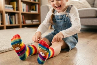 Fillette assise sur un parquet en bois riant en regardant ses chaussettes rayées colorées avec des animaux rigolos
